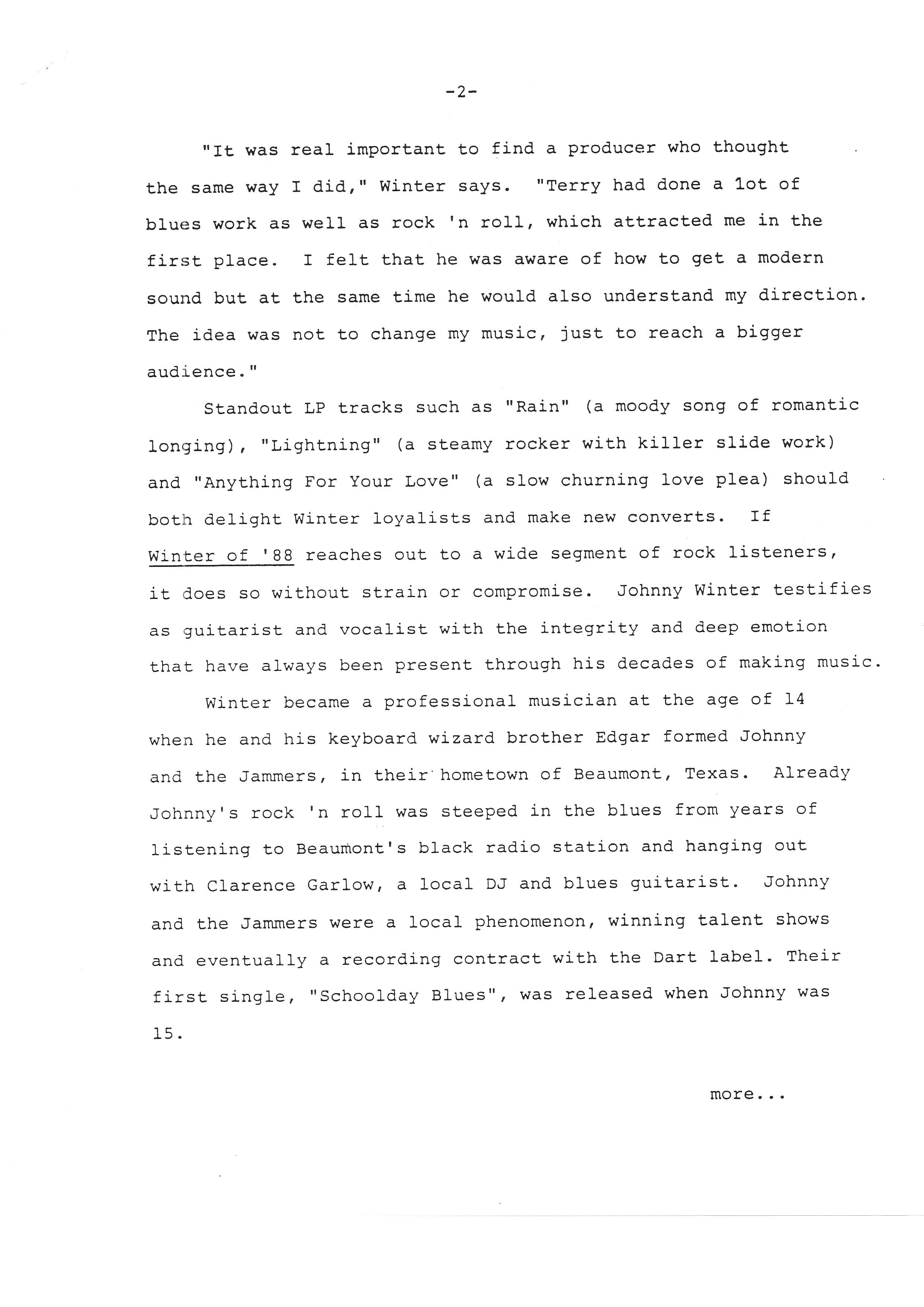 Press release of "Winter of '88" incl Johnny Winter career description, by Slatus Management Part II/V